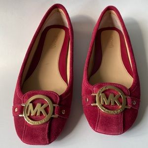MICHAEL Michael Kors Red Suede Gold Logo Embellishment Flats Loafers Size 5.5M